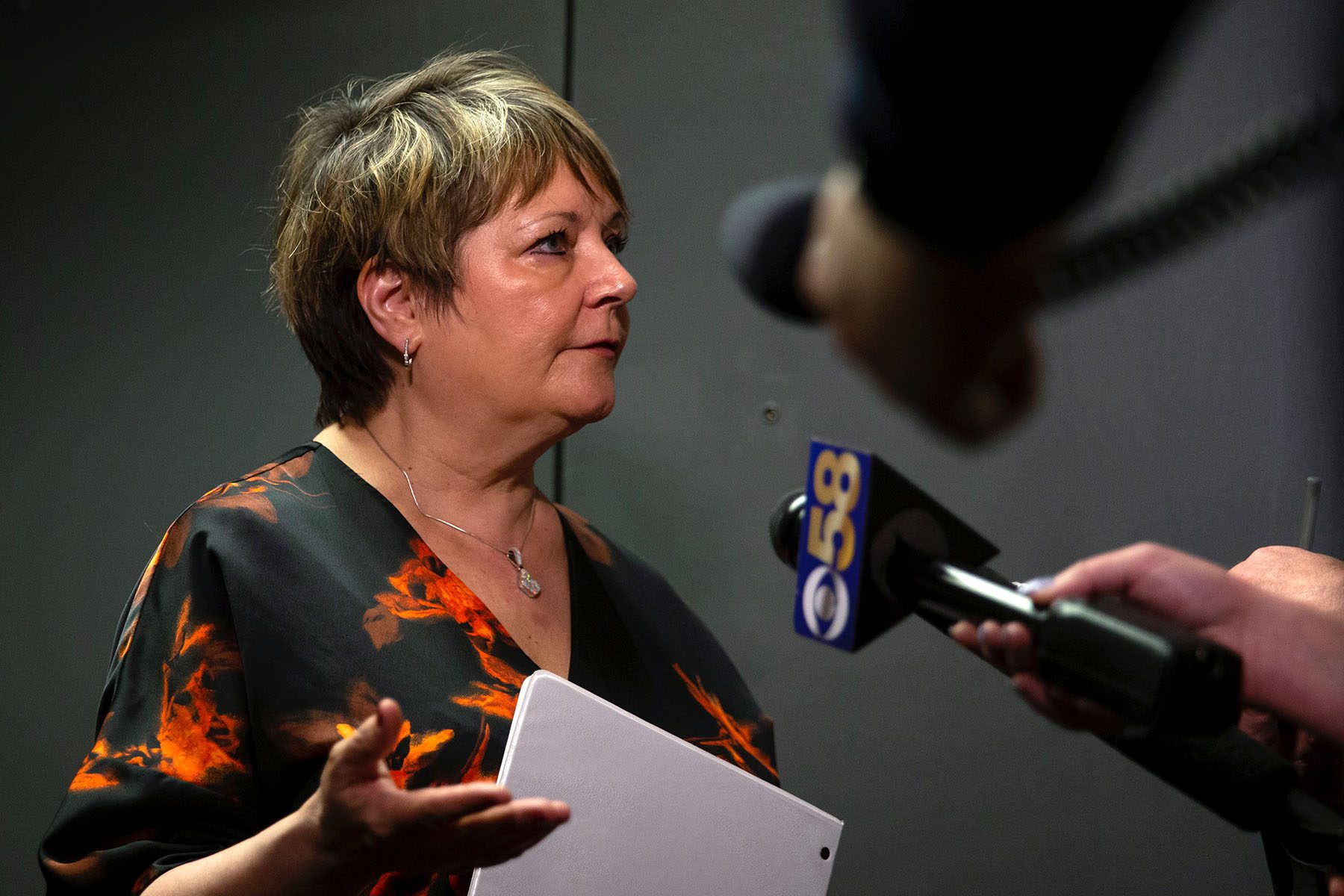 Judge Janet Protasiewicz speaks to the media in Madison, Wisconsin.