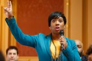 Lashrecse Aird delivers a speech at the Virginia Capitol in March 2020, in Richmond, Virginia.