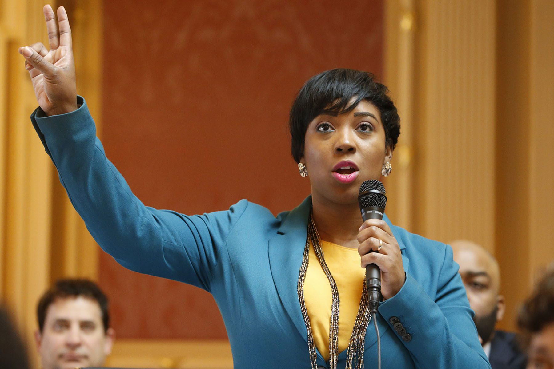 Lashrecse Aird delivers a speech at the Virginia Capitol in March 2020, in Richmond, Virginia.