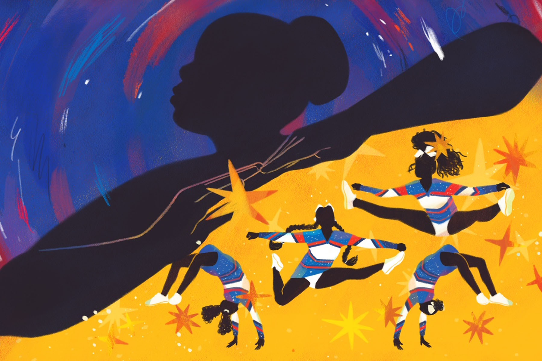 Illustration of a large silhouetted figure protecting black cheerleaders as they dance.