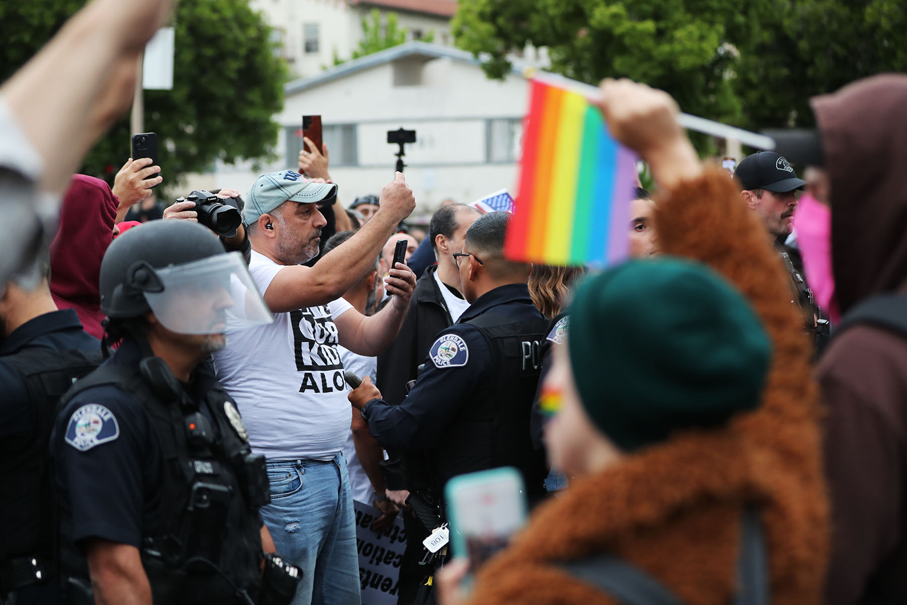 Large crowds gather as the Glendale Unified School District school board votes on a resolution to observe June as Pride Month in Burbank, California on June 6, 2023.