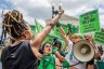 Abortion rights demonstrators chant in response to the Dobbs v Jackson Women's Health Organization ruling in front of the Supreme Court.