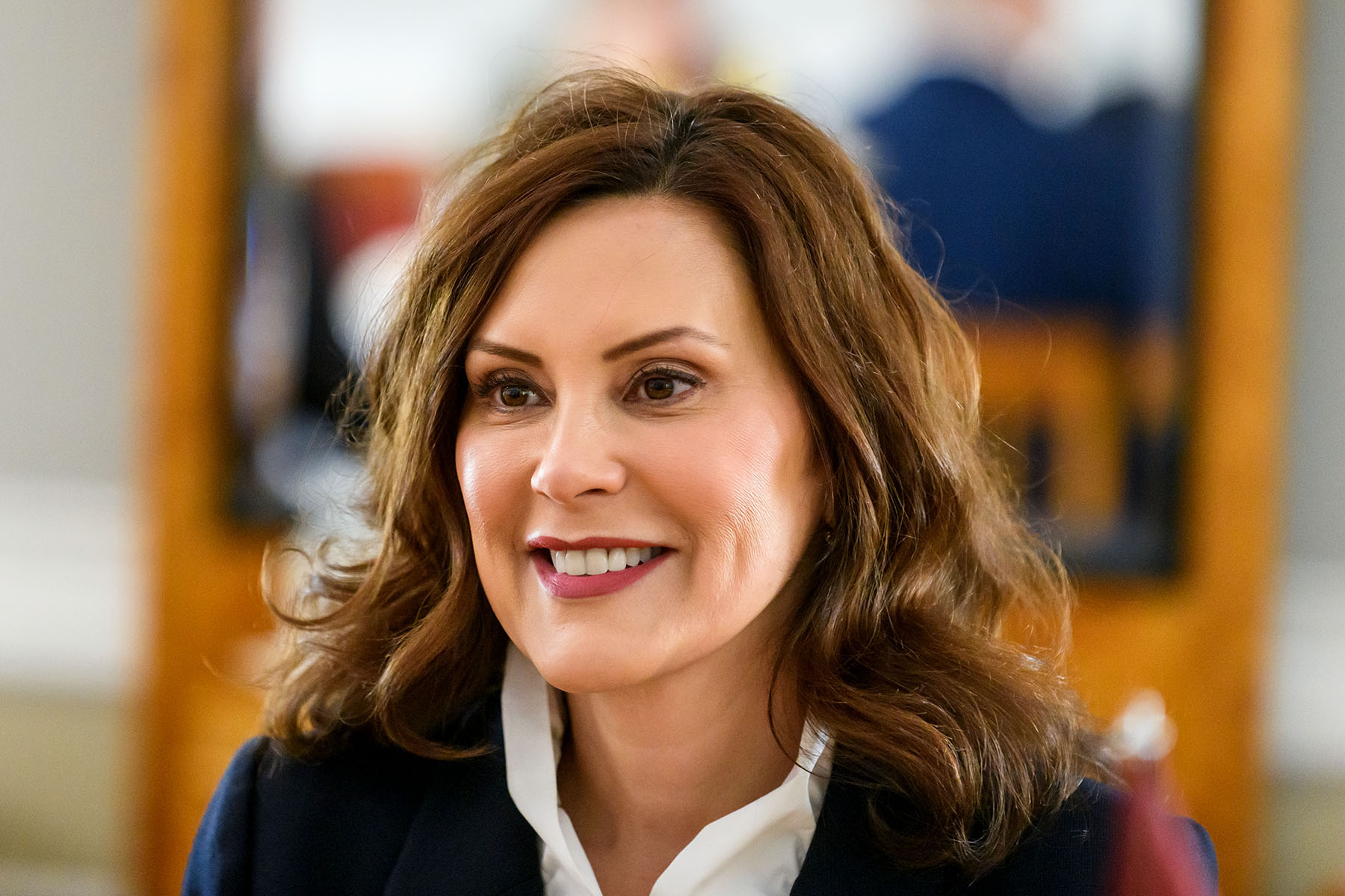 Portrait of Gretchen Whitmer on a visit to Latvia in May 2023.