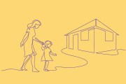 line illustration of a woman walking a child towards a small building.