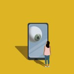 Illustration of a large eyeball on a smart phone watching a woman through the screen.