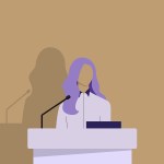 illustration shows a woman at a podium.