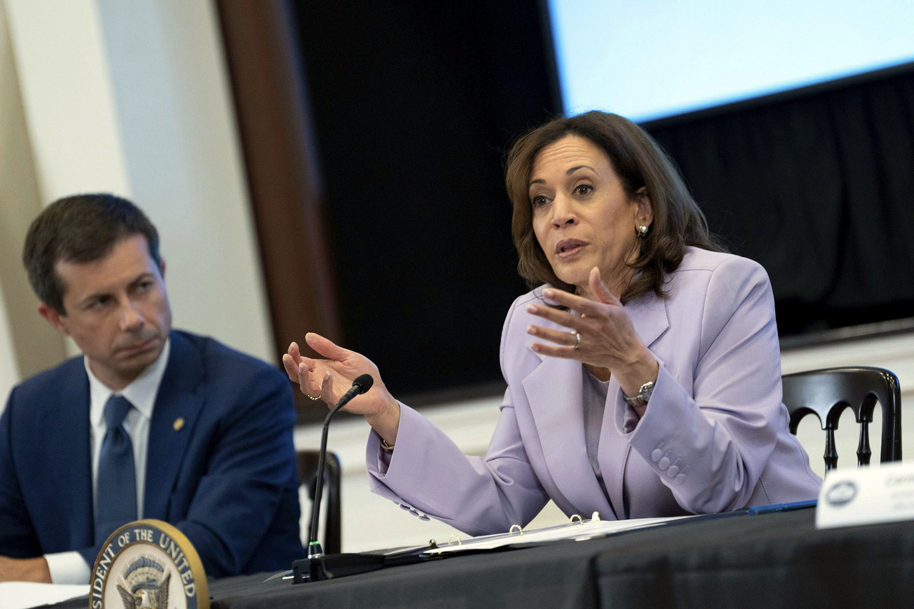 Vice President Harris and Transportation Secretary Pete Buttigieg participate in a discussion with disability rights leaders.