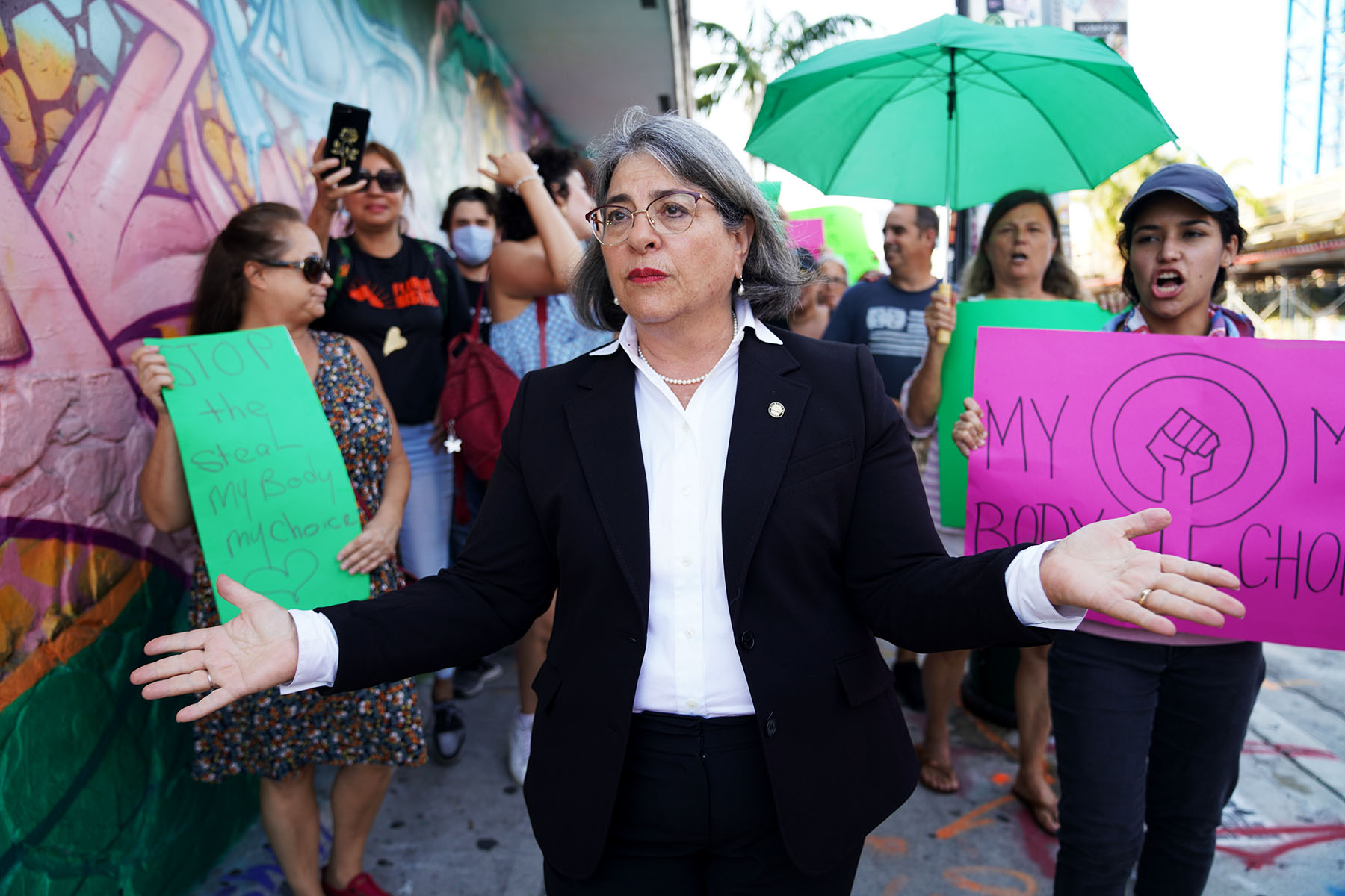 Miami-Dade Mayor Daniella Levine Cava joins with people to protest the Supreme Court's decision in the Dobbs v Jackson Women's Health case.