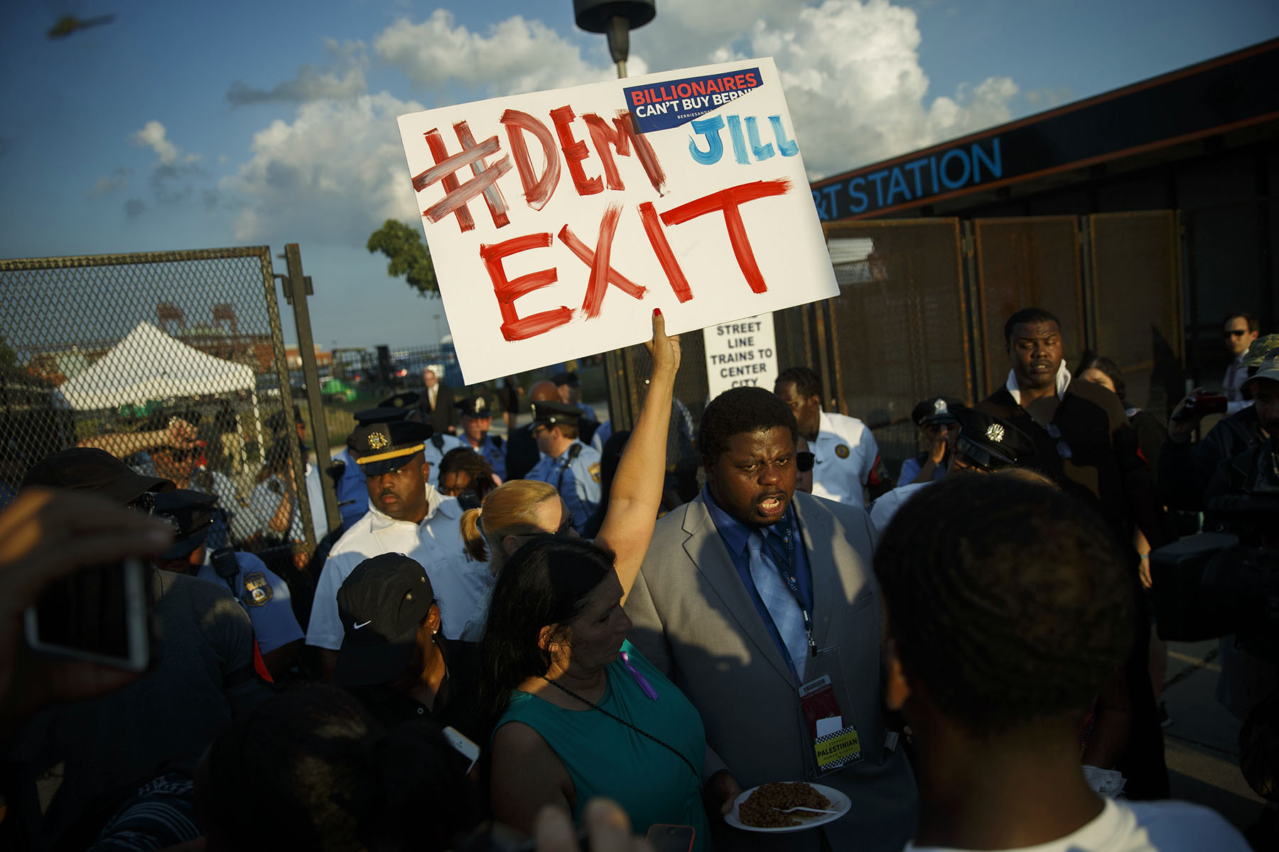 Supporters and delegates of former Democratic presidential candidate Bernie Sanders protest outside the 2016 Democratic National Convention.