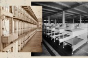 A collage juxtaposes a cell block and bedding in a psychiatric institution.