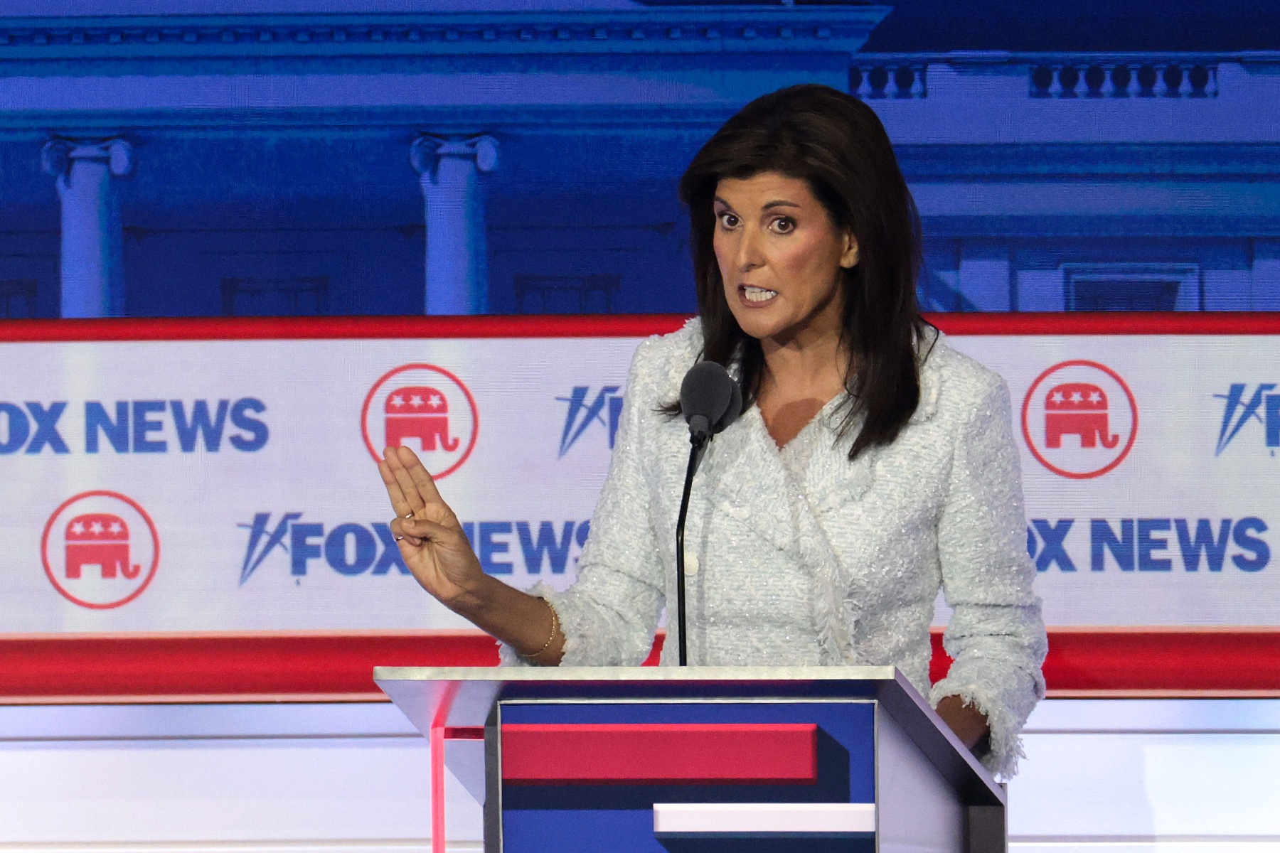 Nikki Haley speaks on stage at the GOP debate