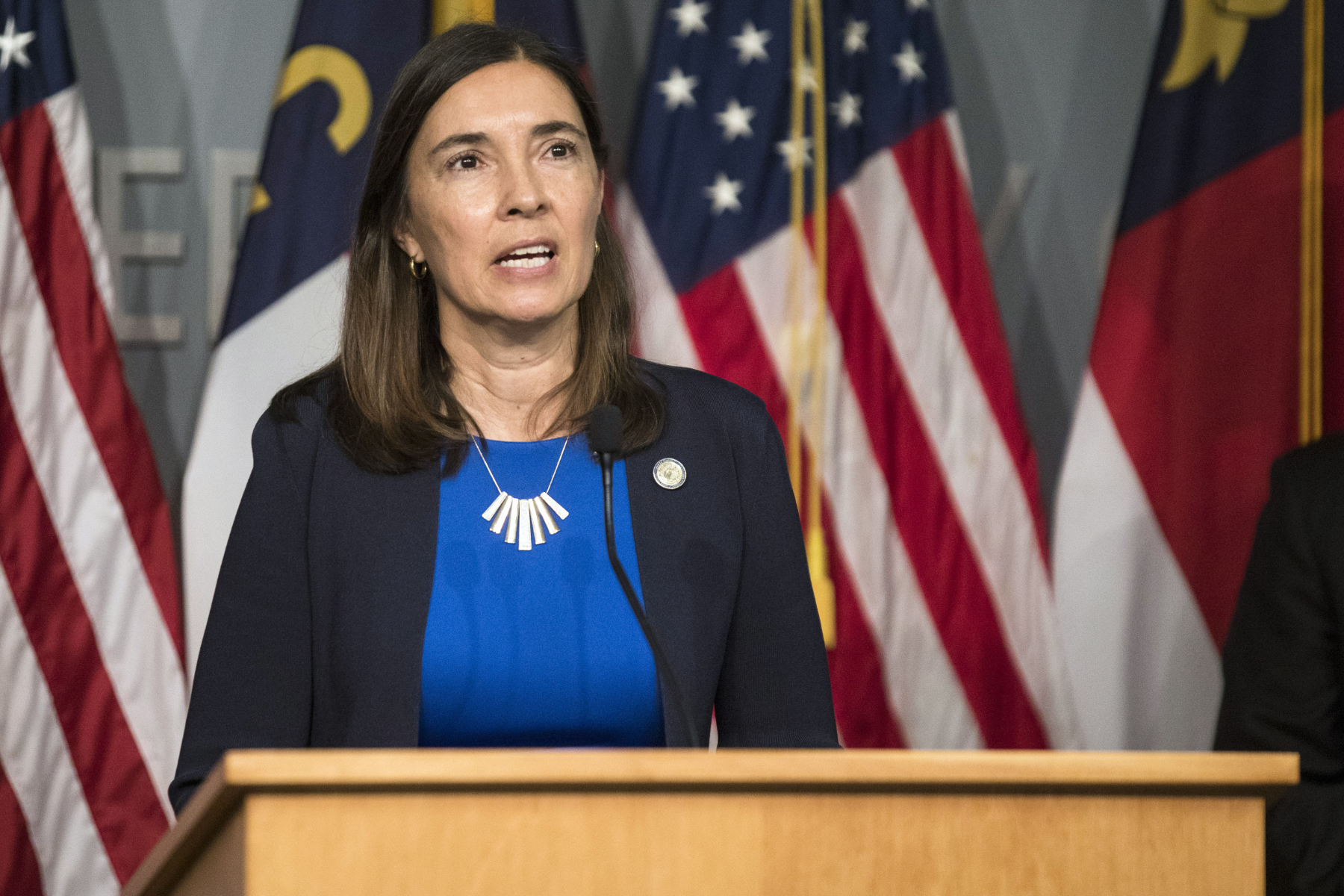 North Carolina Supreme Court Justice Anita Earls standing at a lectern