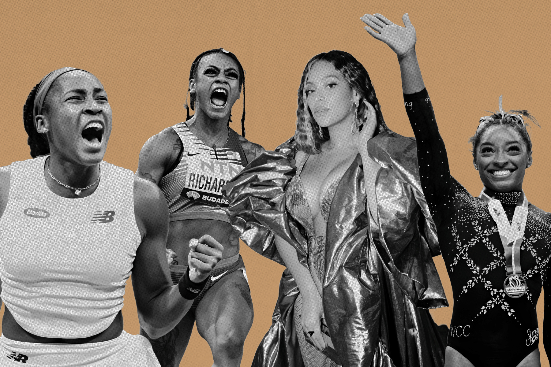 photocollage of Coco Gauff, Sha’Carri Richardson, Beyoncé and Simone Biles