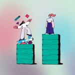 Illustration of two women, one juggling different shape and one standing on stacks of different heights.