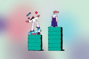 Illustration of two women, one juggling different shape and one standing on stacks of different heights.