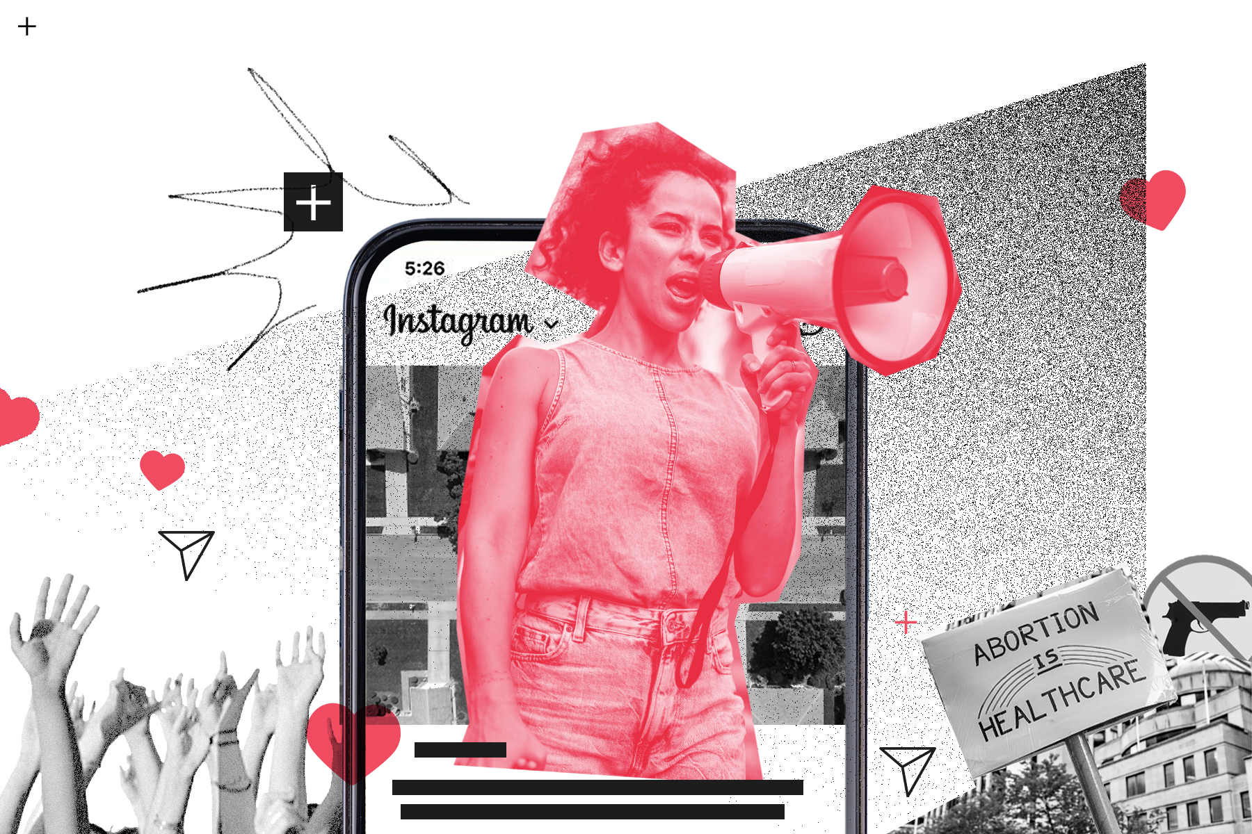 A photo collage of a mom leading a demonstration using a megaphone against a backdrop of an Instagram feed on a phone.