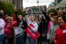 People attend a rally hosted by Ohioans United for Reproductive Rights outside of the Ohio Statehouse.