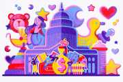 An illustration focused on childcare and congress. The illustration has the nation's Capitol with a baby bottles, pacifier, and stacking rings. Seemingly 