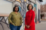 Lisa Calderón and Kat Traylor, former members of Emerge Colorado, pose for a portrait outside of their Denver office space in November 2023.