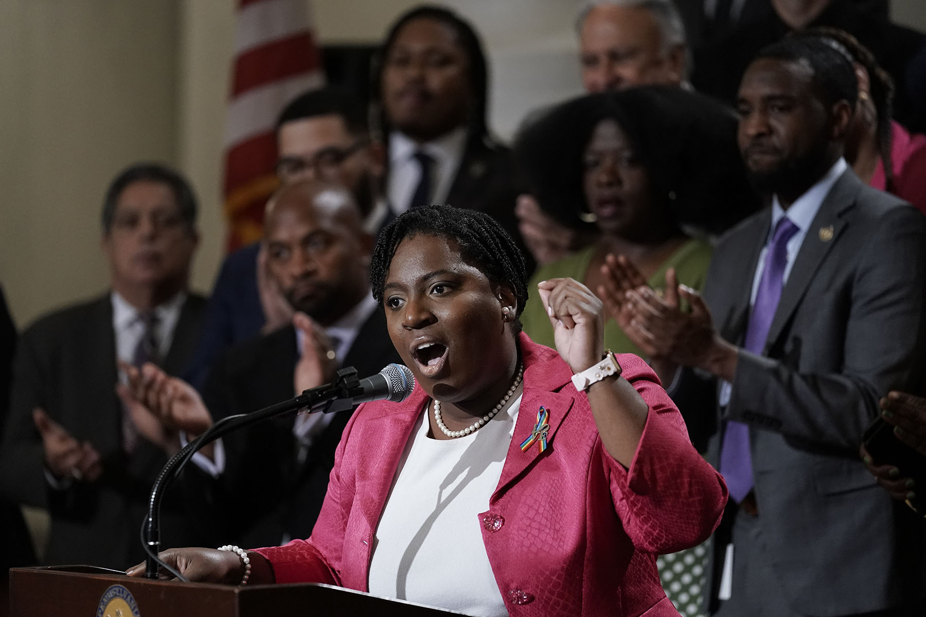 Pennsylvania House Speaker Joanna McClinton speaks on the Supreme Court ruling on affirmative action in college admissions, at the state Capitol in Harrisburg.