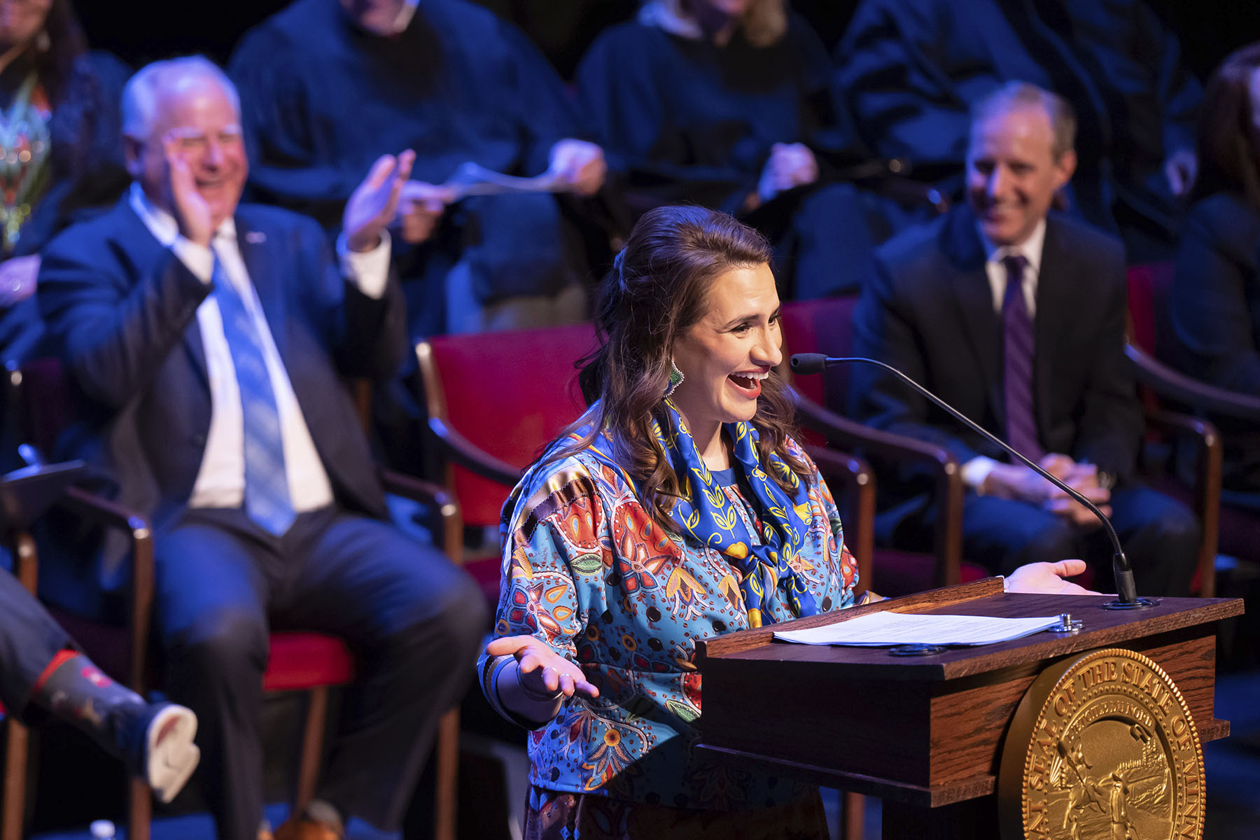 Minnesota Lt. Gov. Peggy Flanagan speaks after being sworn in St. Paul, Minnesota in January 2023.