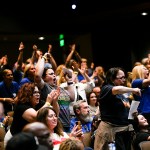 Members of The Temecula Valley Educators Association, students, and parents of the district cheer in support of keeping Temecula Valley Unified School District Superintendent, Jodi McClay on the board at Temecula Valley High School.