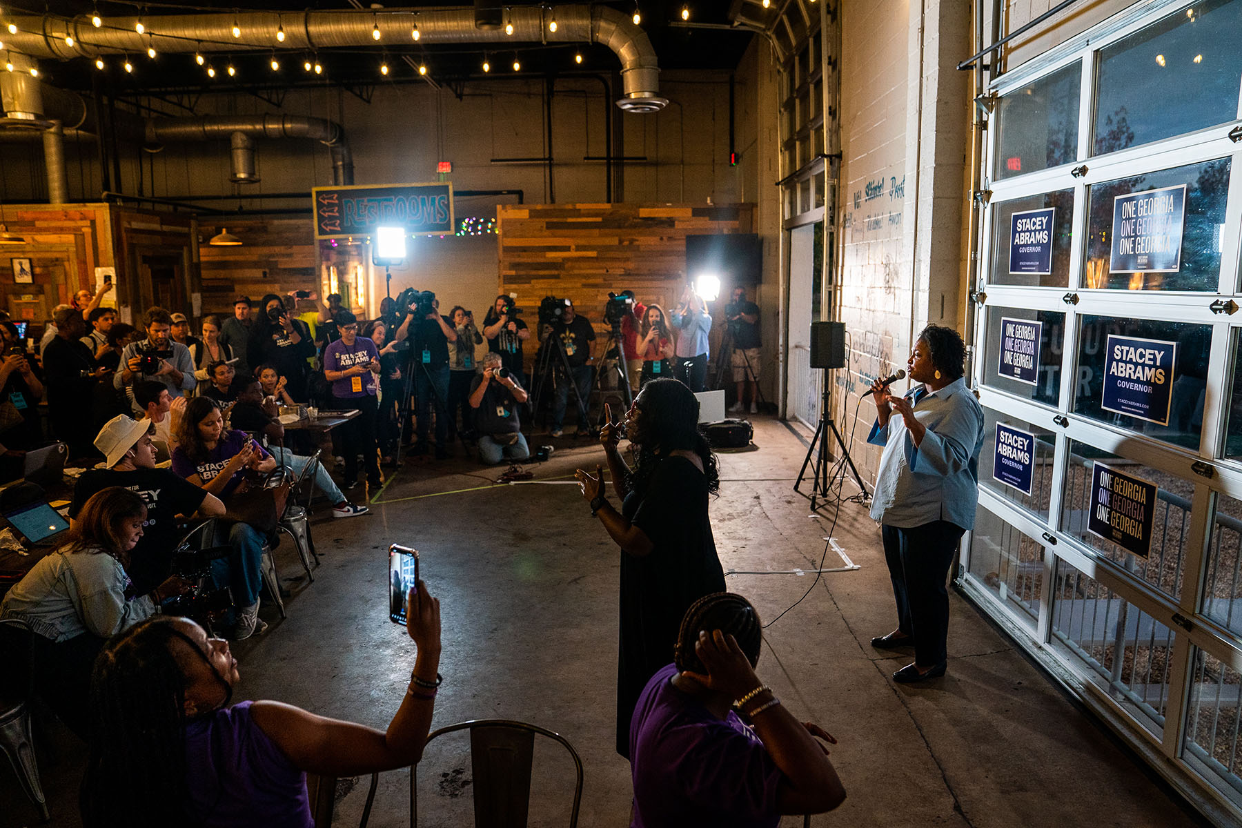 Stacey Abrams delivers remarks during a "Get Out To Vote Phone and Text Party" in Atlanta, Georgia.