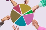 Collage image of a group of people's hands removing pieces of a pie chart.