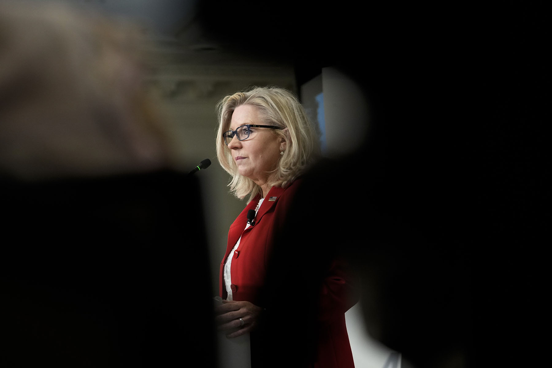 Image of Liz Cheney surrounded by silhouettes as she speaks during a Constitution Day lecture at American Enterprise Institute.