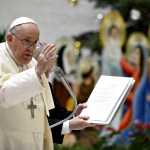 Pope Francis speaks during a General Audience meeting.