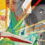 A digital illustration painted with colorful gouache and pencil shows two versions of an aspiring OB - GYN drawn over a map of California and neighboring states. The version of her that is on the side of California is shown in bright, warm colors, and she is reading a textbook. The version of her leaning out of state is shown in black and white, and she holds a concerned expression.