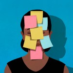 Illustration of adhesive notes covering face of exhausted woman.