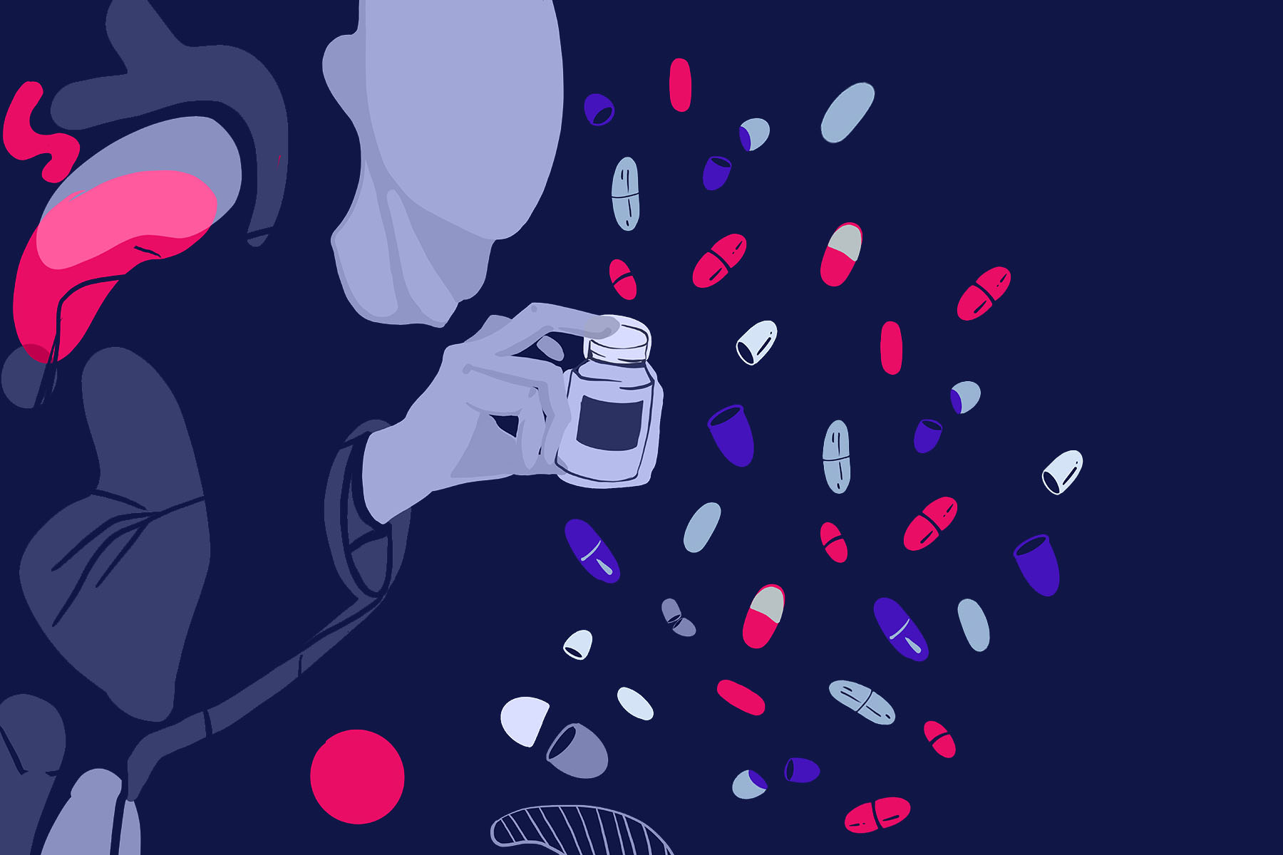 Illustration of a person holding a pill box as various pills float all around them.