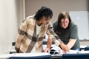 Trainee Diamond Hamel learns how to read blueprints in a classroom at Rochester Community and Technical College.