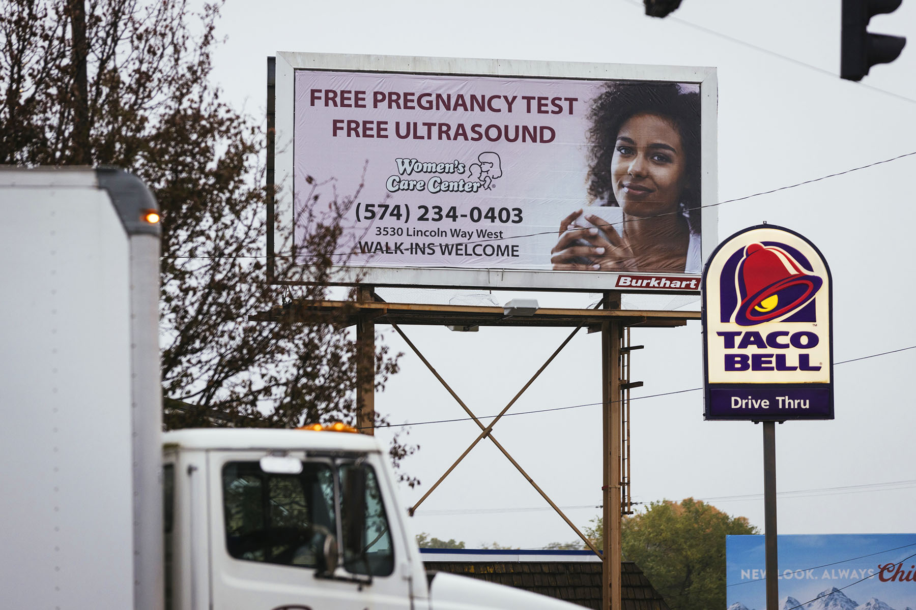 A billboard advertises an anti-abortion center in South Bend, Indiana.