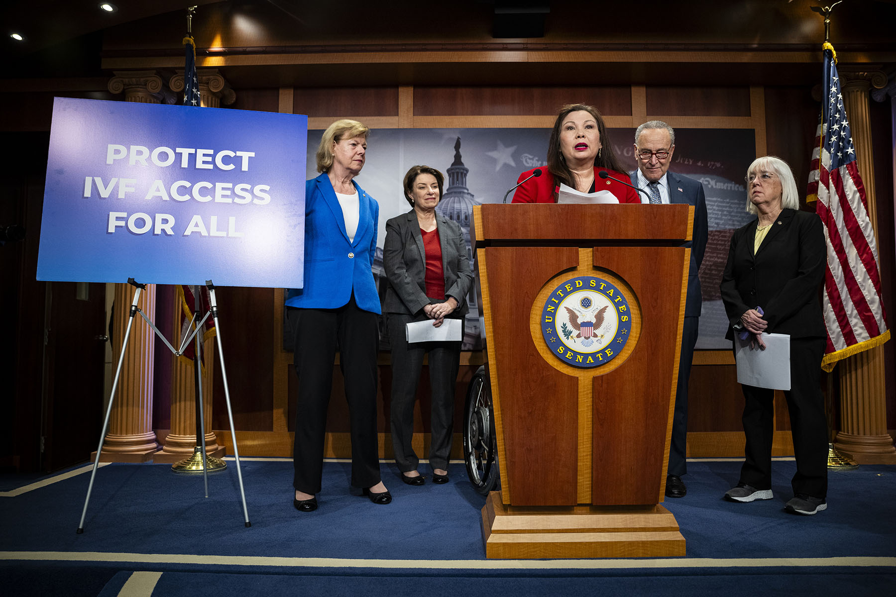 Senator Tammy Duckworth speaks during a press conference with other Senate Democrats.