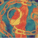 A digital illustration in colorful gouache shows a small crowd of abstract pregnant figures. A large pencil drawing of handcuffs on a chain is overlaid on the canvas in the shape of a spiral. It obscures the faces of the people.