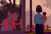 diptych of two illustrations. on the left: a child looks out the shattered window of a day care center. on the right: a mother holds her child in front of a daycare surrounded by police tape.