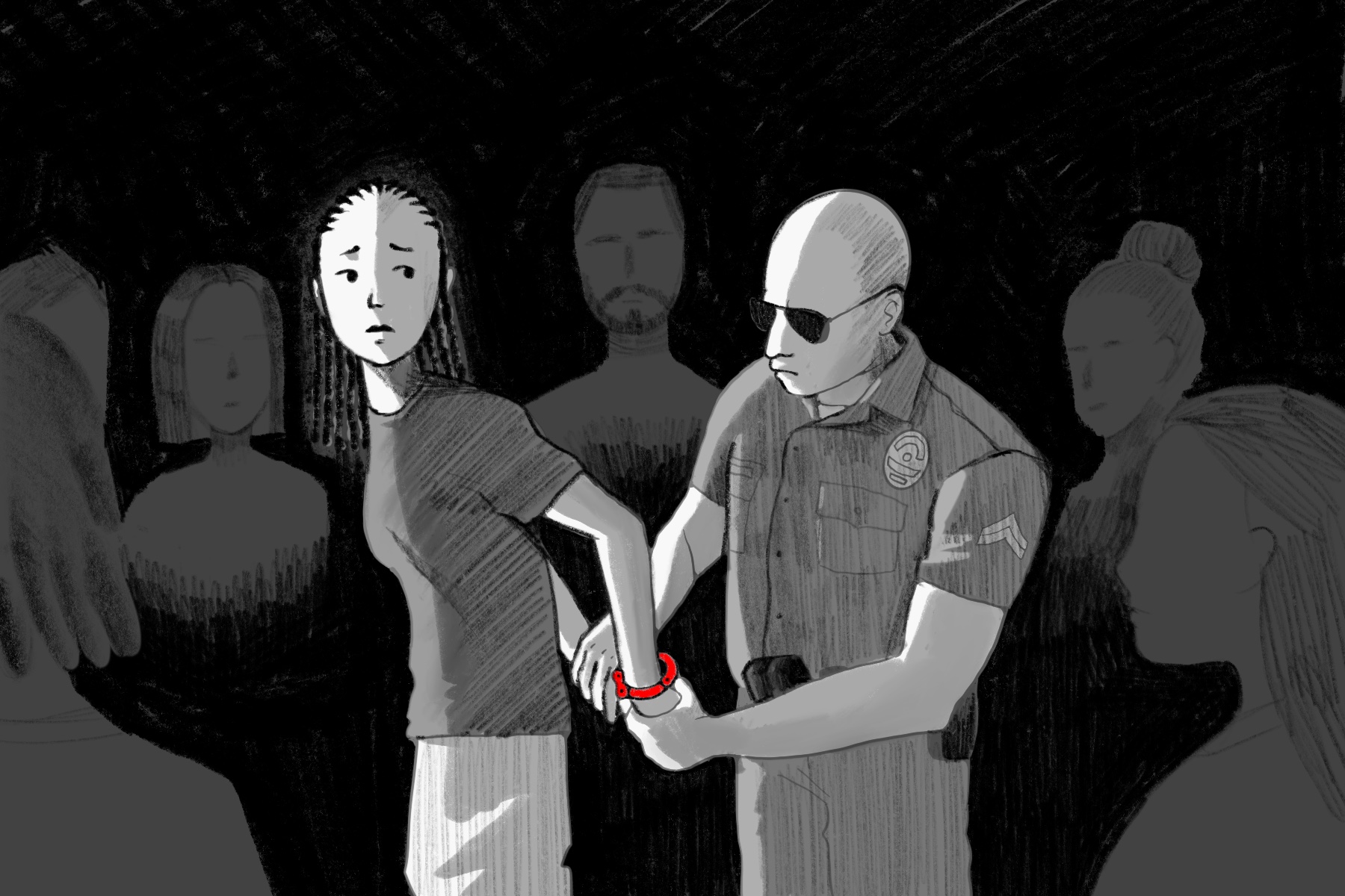 Illustration of a police officer arresting a woman with red handcuffs as shadowy figures watch the scene unfold.