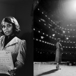 Dyptich of a portrait of singer Marian Anderson holding sheet music and Marian Anderson meeting the Metropolitan Opera's General Manager Rudolf Bing on stage in 1954.