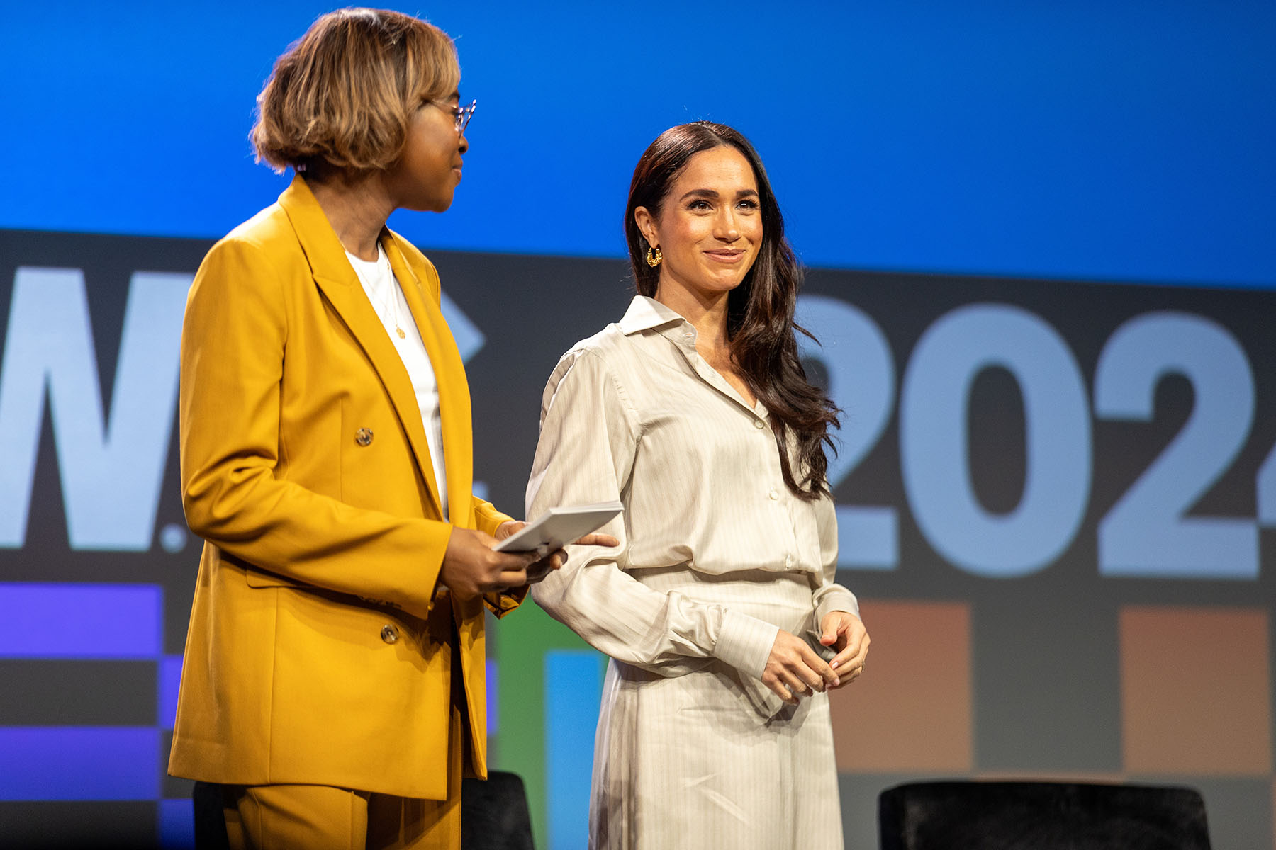 Errin Haines and Meghan, Duchess of Sussex, onstage before their Keynote conversation.