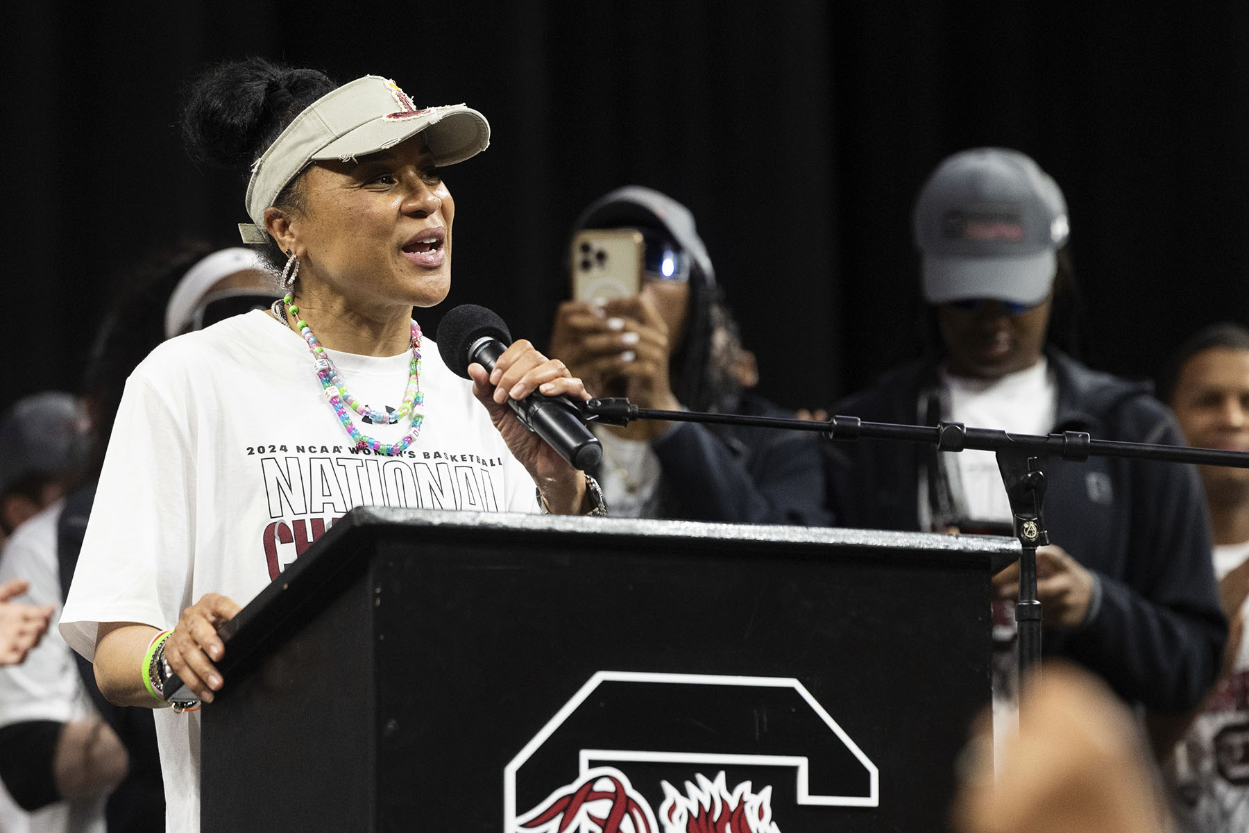 South Carolina head coach Dawn Staley speaks to fans at Colonial Life Arena in Columbia, South Carolina