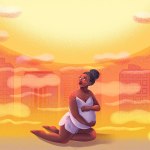 An illustration of a pregnant woman battling extreme sun and heat in a city.