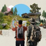 A photo collage of trans campers hiking at a camp site. There are trans colors (pink, blue and white) in the horizon).