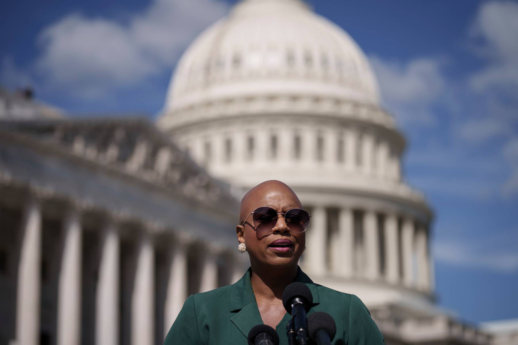 Rep. Ayanna Pressley speaks during a news conference to discuss student debt cancellation on Capitol Hill September 29, 2022, in Washington, DC.