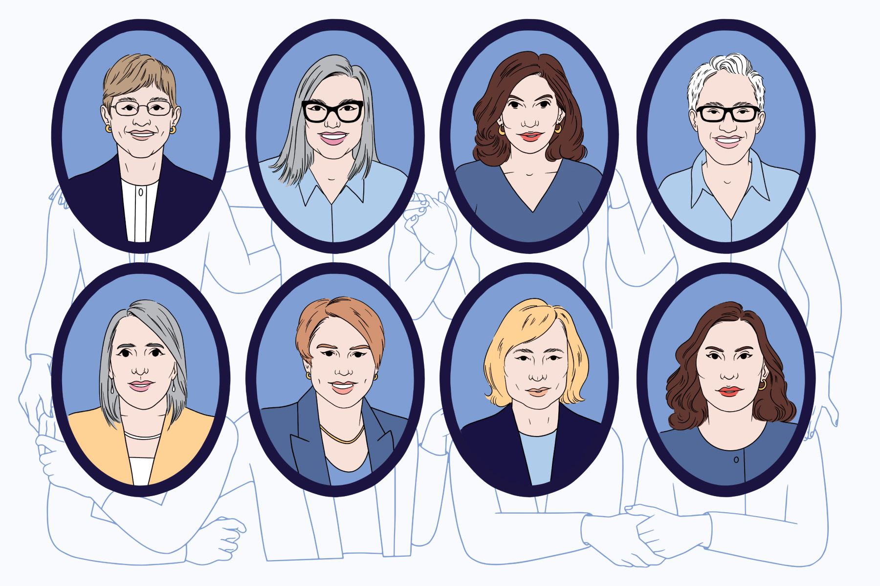 An illustration depicting the portraits and friendships of eight democratic women governors. Governors pictured: (Top row, from left to right):  Laura Kelly (Kansas), Katie Hobbs (Arizona), Kathy Hochul (New York), and Tina Kotek (Oregon),   (Bottom row, left to right), Michelle Lujan Grisham (New Mexico), Maura Healy (Massachusetts), Janet Mills (Maine) and Gretchen Whitmer (Michigan).