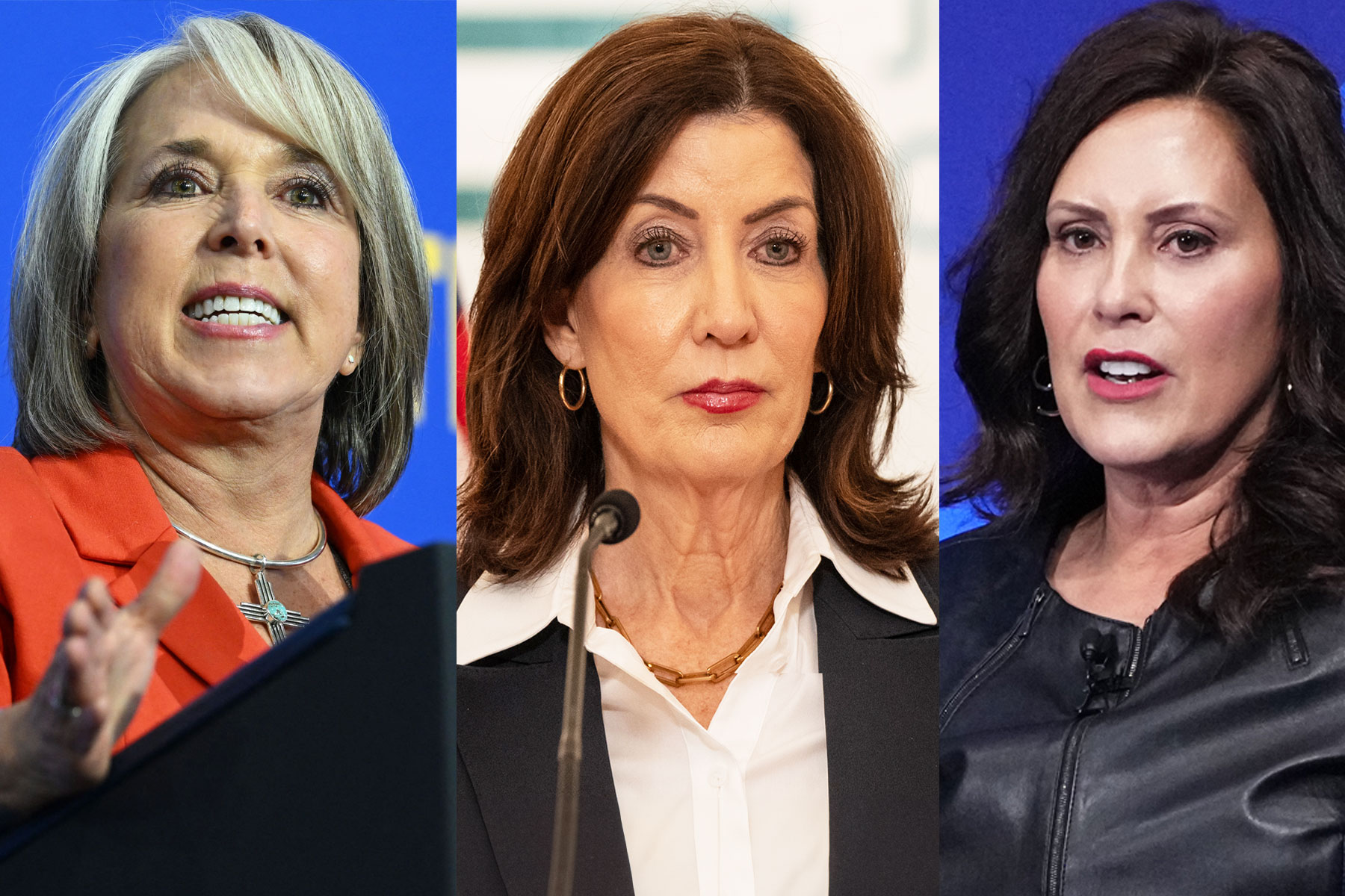 A triptych of New York Governor Kathy Hochul, New Mexico Governor Michelle Lujan Grisham and Michigan Governor Gretchen Whitmer.