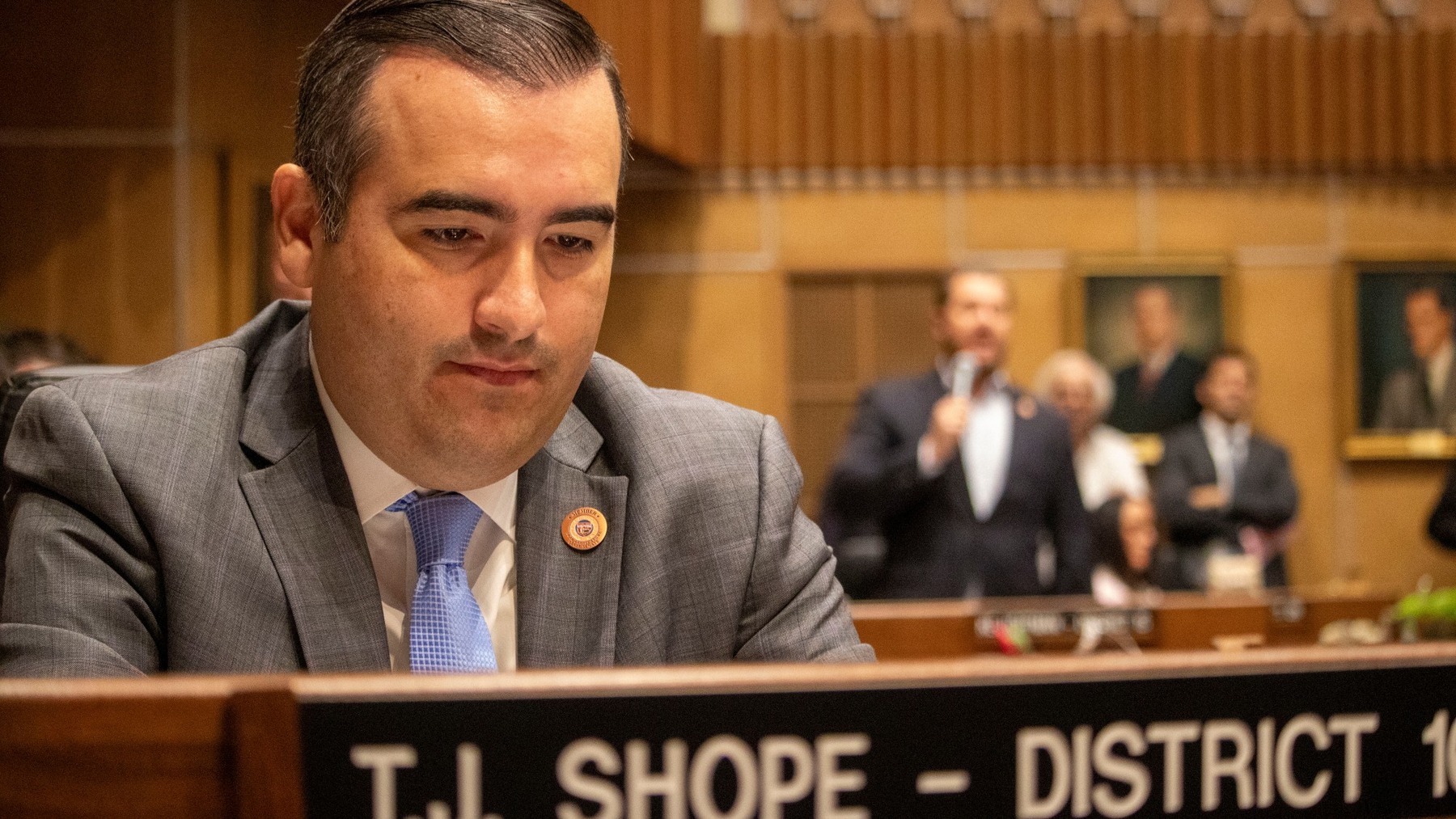 Sen. T.J. Shope listens from his desk on the Arizona Senate floor on May 1, 2024.