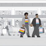 Illustration of a couple in a shopping mall in progress and transgender Pride flag colored shirts. Behind them, other people shop, some wearing pride shirts.