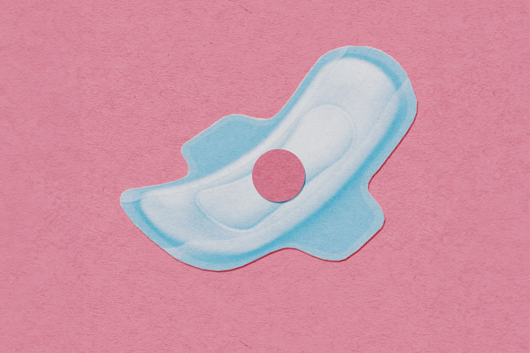 Illustration of a period pad with a pink circle in the middle.